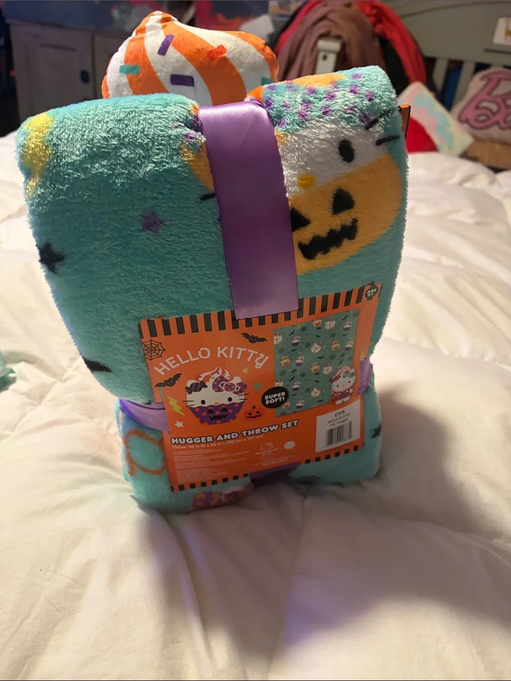 Hello Kitty Plush Pillow & Throw Set - White, Orange, Purple, Mint